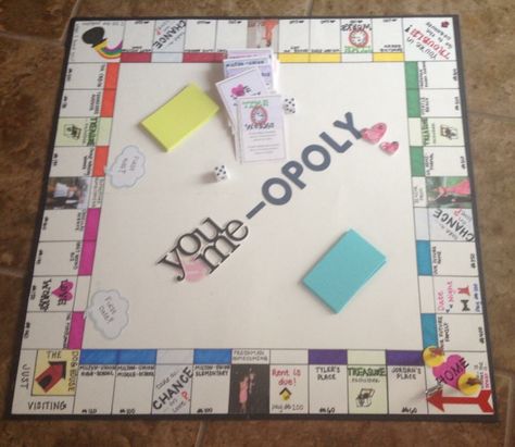 Monopoly board game made for boyfriend Monopoly Relationship, Couples Board Games Diy, Couple Diy Board Game, Couple Monopoly, Homemade Board Games For Couples, Board Games Date Night, Couple Board Games Diy, Diy Monopoly Board Ideas, Diy Board Games For Couples