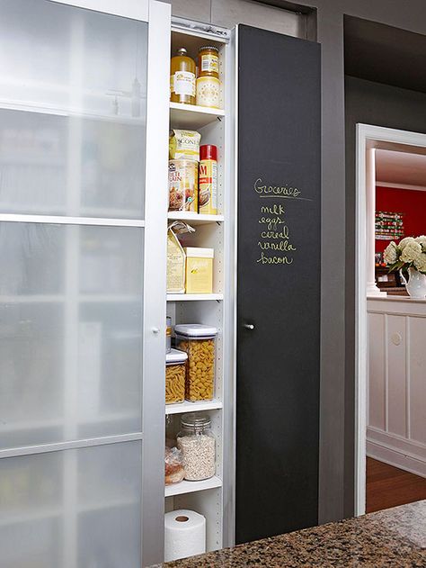 A closet was repurposed into a spacious pantry with frosted sliding doors: http://www.bhg.com/kitchen/remodeling/makeover/real-life-kitchens-on-a-budget/?socsrc=bhgpin040214smalltouches&page=3 Sliding Pantry Doors, Kitchen Pantry Doors, Budget Kitchen Remodel, Style Pantry, Pantry Shelving, Diy Pantry, Small Pantry, Kitchen Organization Pantry, Life Kitchen