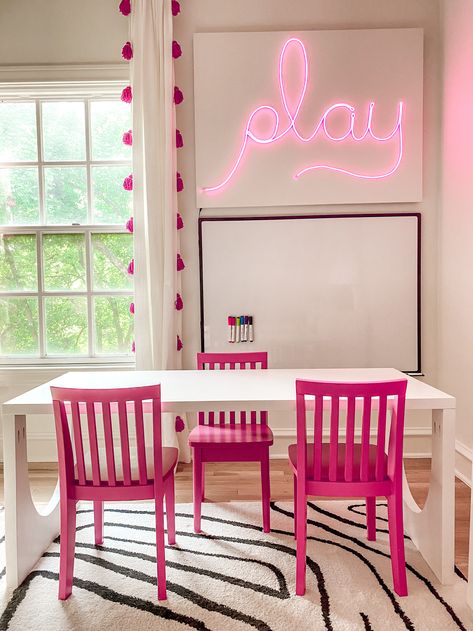 Playroom Neon Sign, Groovy Nursery, Girly Playroom, Funky Room Decor, Pink Playroom, Diy Neon Sign, Craft Shelves, Modern Playroom, Jasmine Wedding