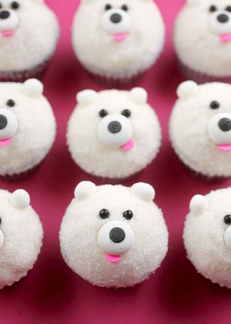 Mini Polar Bear Cupcakes Polar Bear Cupcakes, Polar Bear Cupcake, Deco Cupcake, Christmas Cupcakes Recipes, Bear Cupcakes, Cupcake Tutorial, Bear Cake, Creative Cupcakes, Cupcake Designs