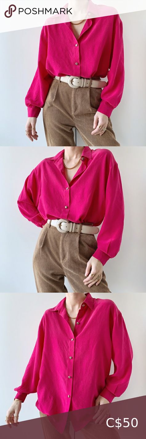 Vintage 100% silk oversized magenta pink button down shirt Dark Pink Shirt Outfit, Hot Pink Shirt Outfit, Pink Blouses Outfit, Pink Top Outfit, Dark Pink Blouse, Pink Shirt Outfit, Style Hijab Casual, Magenta Top, Oversized Button Down Shirt