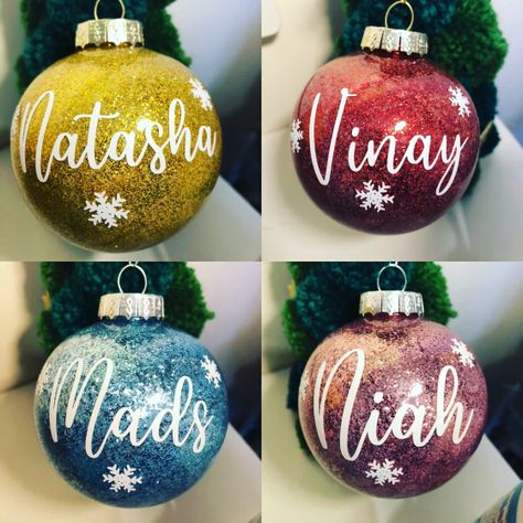 Personalised Christmas Baubles with your name. – Mojo's Collections Glitter Baubles, Christmas Gift Hampers, Scary Christmas, Personalised Christmas Baubles, Hanging Christmas Tree, The Smiths, Halloween Trees, Glitter Christmas, Gift Hampers