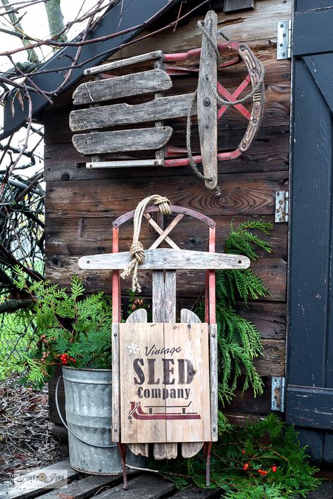 Learn how to decorate a vintage sled with a charming Vintage Sled Christmas sign! Easy to make with a stencil designed to fit smaller sleds! Visit the full tutorial with stencil details. Diy Window Box Planter, Funky Junk Decor, Garden Shed Ideas, Christmas Signs Diy, Solar Christmas Lights, Vintage Sled, Shed Decor, Shed Ideas, White Christmas Ornaments