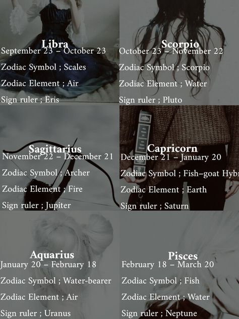 — zodiac signs · libra ; september 23 - october 23, zodiac symbol ; scales, zodiac element ; air, sign ruler ; eris , scorpio ; october 23 - november 22, zodiac symbol ; scorpio, zodiac element ; water, sign ruler ; pluto , sagittarius ; november 22 - december 21, zodiac symbol ; archer, zodiac element ; fire, sign ruler ; jupiter , capricorn ; december 21 - january 20, zodiac symbol ; fish-coat hybrid, zodiac element ; earth, sign ruler ; saturn , aquarius ; january 20 - february 18, zodiac Zodiac Chart Dates, September 23 Zodiac Sign, October 23 Zodiac Sign, January 20 Zodiac Sign, Jupiter Capricorn, Pluto Sagittarius, Scorpio Element, November Zodiac, Fire Zodiac