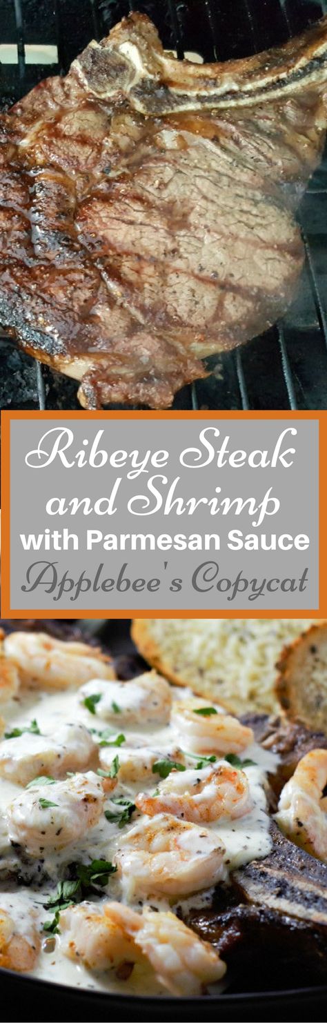 This Applebee's Copycat Steak and Shrimp with Parmesan Sauce is amazing! Tender, juicy grilled Ribeye steak is topped with seasoned grilled shrimp and a savory Parmesan cheese sauce. This is the perfect easy surf and turf dinner for two, ready in just 30 minutes. #SteakAndShrimp #ApplebeesCopycat #Parmesan #SurfNTurf #seafood #beef #DinnerForTwo #RecipesForTwo Surf And Turf Dinner, Parmesan Sauce Recipe, Applebees Copycat Recipes, Steak Ribeye, Grilled Ribeye Steak, Shrimp Parmesan, Parmesan Cheese Sauce, Grilled Ribeye, Dry Rubs