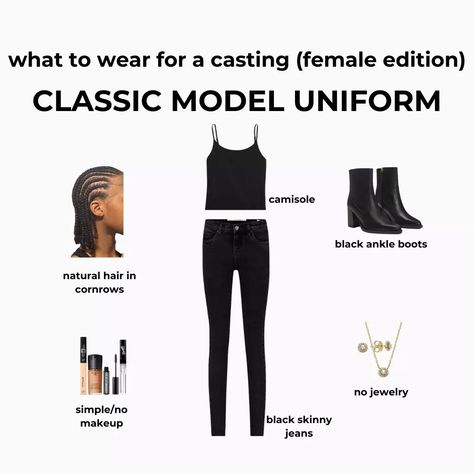 Based on our content requests, here are some outfit ideas for a model casting. The rule of thumb for casting calls is to keep your outfit MINIMAL! Your clothing should be form fitting, not extremely tight! and should be in neutral colors. No need to over accessorize, the goal is to let the casting directors, designers, and makeup artists see you as you are, without any distractions. You need to be seen as a blank slate so they can envision what they are able to do with your look. Would you... Outfit Minimal, Casting Calls, Model Casting, Blank Slate, Rule Of Thumb, Black Camisole, Casting Call, Makeup Artists, Simple Jewelry