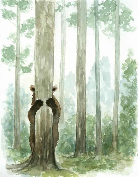 Drawing Forest Animals, Watercolor Painting Forest, Forest With Animals Drawing, Monochromatic Painting Watercolors, Forest Cottage Drawing, Watercolor Art Forest, Simple Forest Drawing, Bear Art Drawing, Forest Animals Drawing