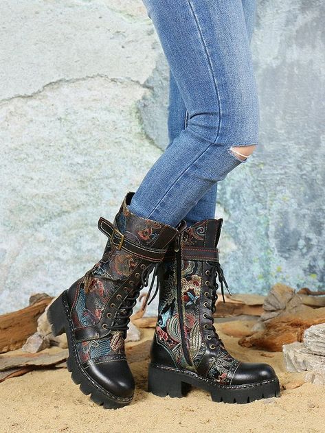 SOCOFY Retro Buckle Strap Decor Flowers Cloth Leather Splicing Comfy Wearable Fashion Mid-calf Boots Ryka Shoes Woman, Art Boots, Bohemian Boots, Doc Martens Style, Martens Style, Buy Womens Boots, Boho Boots, Decor Flowers, Lace Up Combat Boots