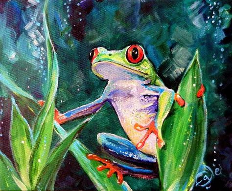 by Angel Egle Wierenga Tree Frog Art, Costa Rica Art, Sunset Canvas Painting, Frog Illustration, Animal Illustration Art, Caribbean Art, Painting For Home, Frog Art, Tree Frog