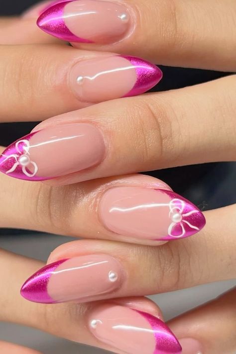 Pink French Tip Nails, Pink Stiletto Nails, Pink French Tip, Hoco Nails, Pink Chrome Nails, Squoval Nails, Simple Gel Nails, Summery Nails, Basic Nails