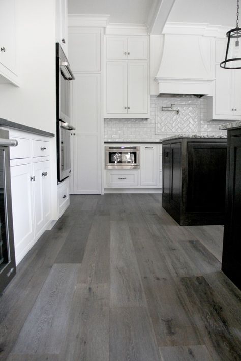 White Kitchen Grey Wood Floor, Grey Hardwood Floors Kitchen, Gray Laminate Flooring Kitchen, Grey Lvp Flooring Kitchen, Gray Wood Floors Kitchen, Kitchen With Grey Floor, Gray Wood Floors, Coven House, White Kitchen Dark Floors