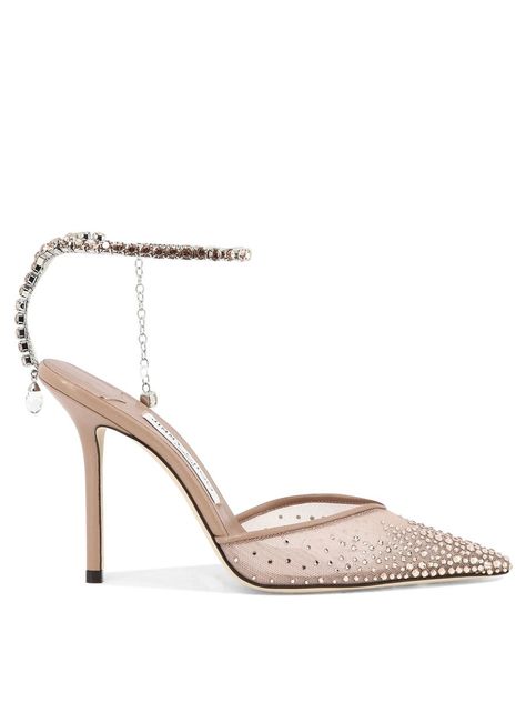 "Find Jimmy Choo Saeda 100\" Pumps on Editorialist. Materials: Mesh Extra Description: Ankle strap;Leather sole;Crystal chain embellishment;Stiletto heel;Heel Height: 10 cm;Fits small to size. We recommend taking half a size larger." Jimmy Choo Saeda 100, Tiktok Clothes, Jimmy Choo Saeda, White High Heel Shoes, Food Courts, Magazine Vogue, White High Heels, Cinderella Shoes, Girls Heels