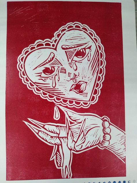 Linocut Prints Aesthetic, Linography Ideas, Xilografia Ideas Faciles, Lithography Printmaking, Linoleum Printing, Print Making Designs, Lithography Prints, Red Artwork, Relief Printmaking