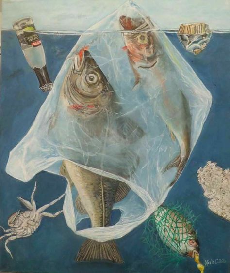 Plastic In Ocean Art, Fish Gcse Art, Plastic Ocean Pollution Art, Plastic Pollution Art Drawing, Water Pollution Painting, Pollution Artwork, Ocean Pollution Art, Pollution Painting, Sustainability Art