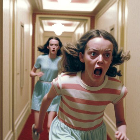 Digital Illustration generated with AI, inspired by The Shining movie.  Two scared girls running towards camera in a hotel with moody lighting and pastel colors. Running Towards Camera Reference, Running Towards Camera, The Shining Film, Run Illustration, The Shining Movie, Duo Pose, Drawing Everyday, Running Illustration, Running Scared