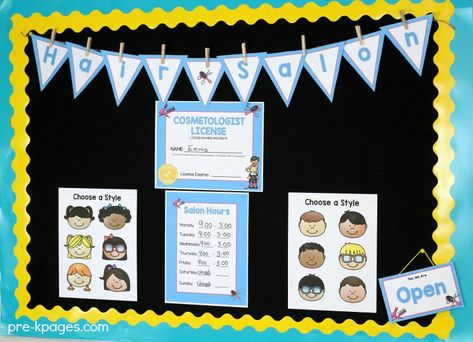 Hair Salon Dramatic Play Printables - Pre-K Pages Dramatic Play Bulletin Board, Hair Salon Dramatic Play, Salon Dramatic Play, Pretend Play Post Office, Camping Dramatic Play, Play Preschool, Play Printables, Dramatic Play Themes, Dramatic Play Printables