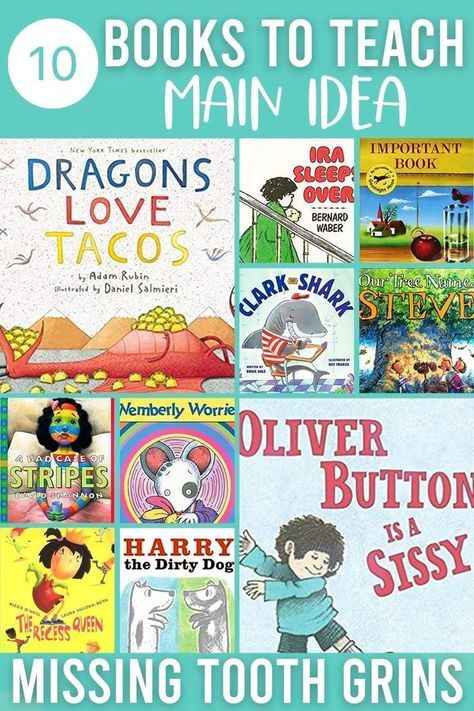 Check out this list of books to teach main idea to your class! Each picture book makes the perfect mentor text to teach main idea. Teach your students how to identify the main idea and details in a fun and engaging way. These books are perfect for kids of all ages ranging from kindergarten, first grade, 2nd grade, 3rd grade, and 4th grade! Learn about it today! Teaching Main Idea 2nd Grade, Main Idea Kindergarten, Main Idea Anchor Chart, Main Idea Activities, The Important Book, 2nd Grade Books, Main Idea And Details, Bad Case Of Stripes, Teaching Main Idea