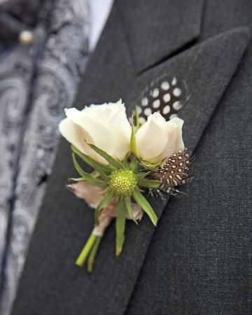 The groom's boutonniere was fashioned from quail feathers, scabiosa buds, and tuberose, its stems wrapped in blush dupion silk. White Rose Boutonniere, Feather Boutonniere, Rose Boutonniere, Groom Boutonniere, Engagement Photos Fall, Wedding 2024, Boutonniere Wedding, Martha Stewart Weddings, Spray Roses