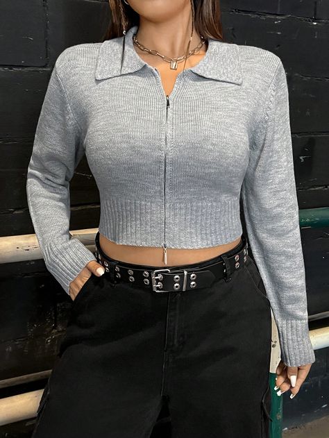 Light Grey Casual Collar Long Sleeve Knitwear Plain  Embellished Slight Stretch  Women Plus Clothing Crop Cardigan, Traje Casual, Cropped Cardigan, Plus Clothing, Light Grey, Zip Ups, Knitwear, Collar, Grey