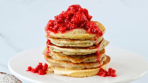 Raspberry Pancakes Recipe, Fresh Raspberry Sauce, Raspberry Sauce Recipe, Raspberry Pancakes, Basic Pancakes, Geoffrey Zakarian, Bagel Breakfast Sandwich, Mom Breakfast, Rachael Ray Recipes