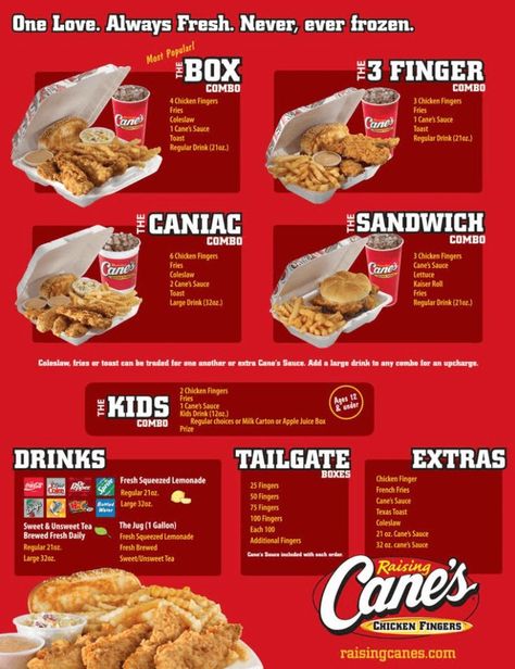 Raising Cane’s Menu With Updated Prices In USA 2024 Canes Sauce, Canes Chicken, Crinkle Cut Fries, Kaiser Rolls, Franchise Food, Raising Canes, I Want Food, Pizza Special, Texas Toast