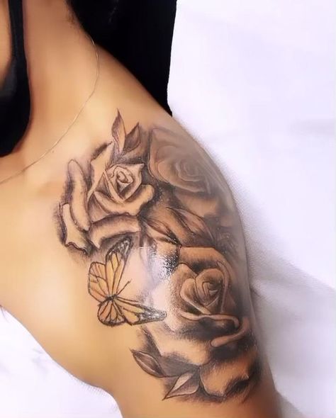 Sholdertatoos Women, Tato Naruto, Cute Shoulder Tattoos, Tato Maori, Girl Shoulder Tattoos, Girl Thigh Tattoos, Tato Minimal, Meaningful Symbols, Rose Tattoos For Women