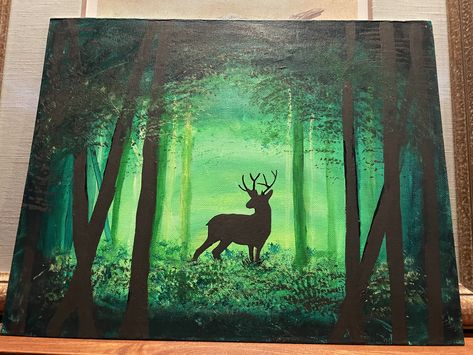 Canvas Painting Ideas Dinosaur, Deer Painting Tutorial, Simple Deer Painting, Easy Forest Painting For Beginners, Easy Forest Painting, Dear Painting, Forest Scenery Painting, Deer Silhouette Painting, Elephant Painting Canvas