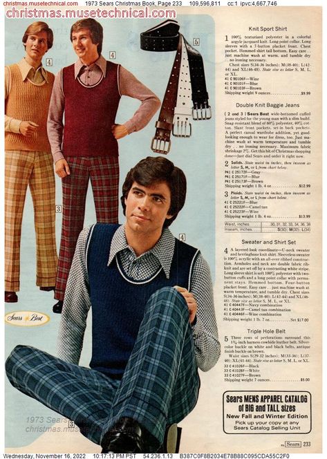 1973 Sears Christmas Book, Page 233 - Catalogs & Wishbooks Retro Christmas Outfit, 70s Fashion Magazine, 1970s Mens Fashion, Christmas Outfit Men, Magazine Man, 70 Outfits, Seventies Fashion, Costume Inspo, Christmas Book