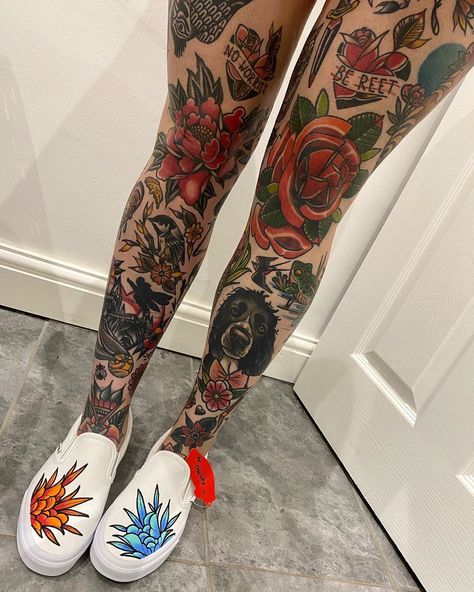 Unique Colorful Tattoos For Women, Colour Leg Sleeve Tattoo, Color Leg Tattoos, Thigh Tattoos Color, Tattoo Ideas January, Leg Tattoos Color, Side Of Leg Tattoo, Dog Flower Tattoo, Red Flowers Tattoo