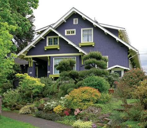 Purple Houses, Craftsman Style Bungalow, Purple House, House Journal, Journal Magazine, Craftsman Homes, Craftsman Exterior, Craftsman Bungalow, White Cabinet