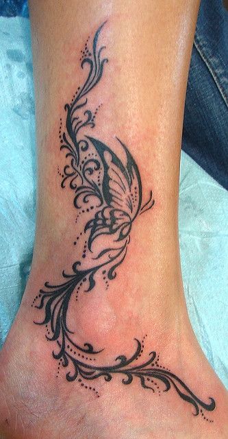 fancy butterfly Butterfly Foot Tattoo, A Tattoo Design, Ankle Tattoo Designs, Vine Tattoos, Arm Band Tattoo, Fairy Tattoo, Calf Tattoo, Tattoo Designs For Girls, Badass Tattoos