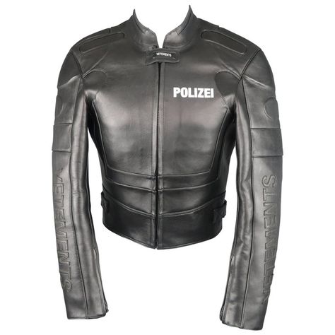 For Sale on 1stdibs - VETEMENTS Spring Summer 2017 motorcycle style jacket comes in smooth , structured black leather with a band collar, zip up front, white 'POLIZEI' chest Cropped Moto Jacket, Motorcycle Style, Band Collar, Spring Summer 2017, Moto Jacket, Motorcycle Jacket, Zip Ups, Black Leather, Spring Summer