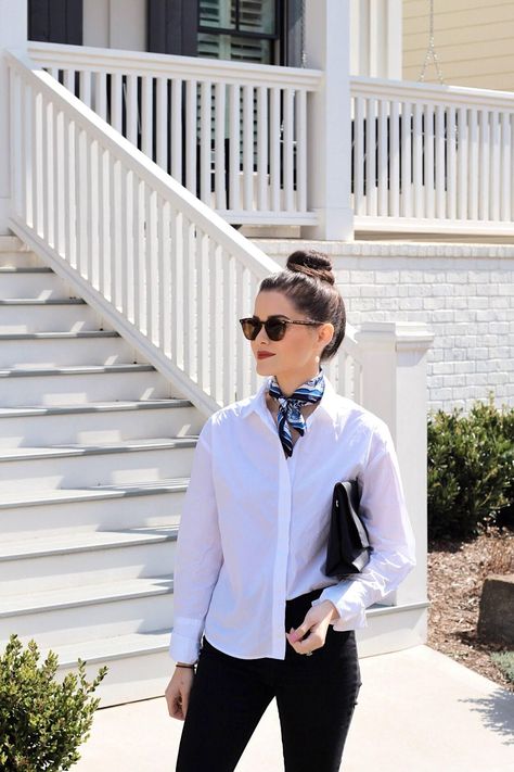 A luxurious silk tie scarf will stand out with any basic button down blouse Silk Scarf Button Down Shirt, Silk Scarf With Button Down Shirt, Elegant Things, Silk Scarf Style, Yacht Party, Spring Styles, White Shirt Blouse, Scarf Outfit, Scarf Style