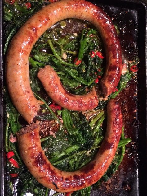 Rope Sausage With Roasted Rapini. New Music From Wild Wild Horses. | I Sing In The Kitchen Rappini Recipes, Rope Sausage Recipes, Rope Sausage, Broccoli Rabe And Sausage, Broccoli Rabe Recipe, Roasted Sausage, Rustic Dinner, Sausage Bread, Chile Peppers