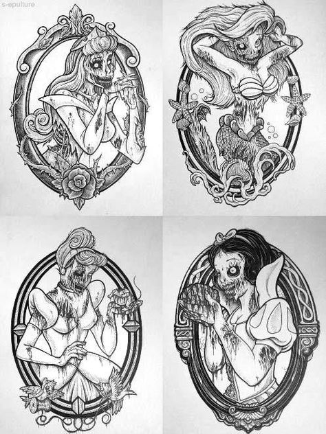 Dark Disney Princess Tattoos, Disney Princess Zombie, Dark Disney Tattoo, Creepy Disney, Dark Disney Princess, Dark Disney Art, Zombie Princess, Disney Horror, Disney Princess Tattoo