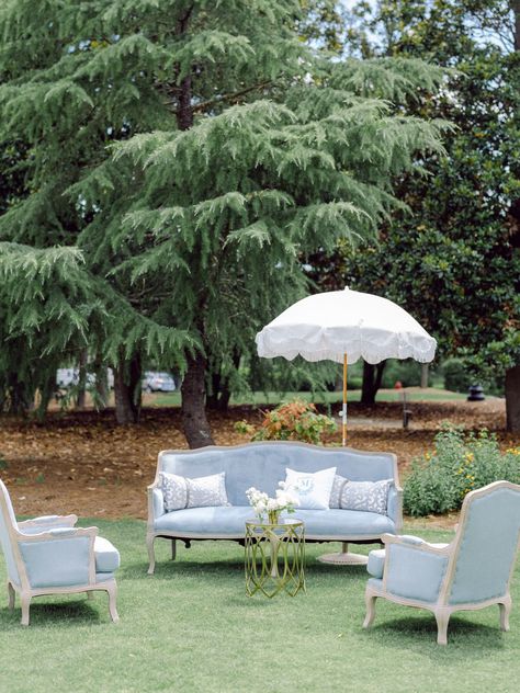 White Lounge Furniture, Fringe Umbrella, Wedding Blue And White, Wedding Lounge Area, Seating Arrangement Wedding, Parasol Wedding, Lake Keowee, White Lounge, Wedding Lounge