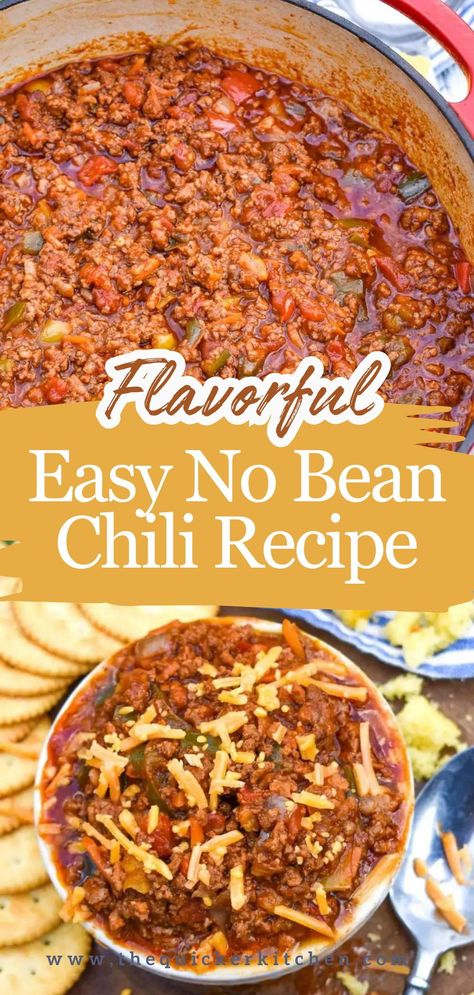 Homemade No Bean Chili Recipe, Chili Recipe No Kidney Beans, Best Chili No Beans Recipe, Chili With No Beans Recipe, Easy No Bean Chili Recipes, Easy Thick Chili Recipe, Chilli Recipe Crockpot No Beans, Best No Bean Chili Recipe Award Winning, Beer Chili Recipe No Beans