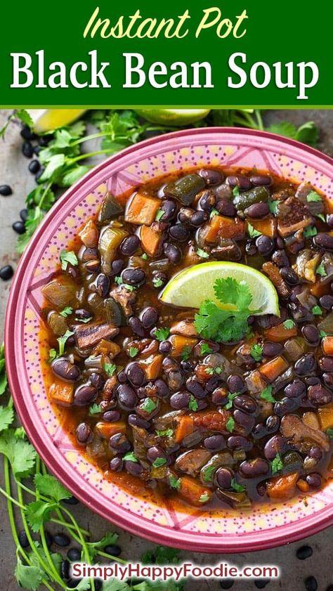 Instant Pot Black Bean Soup is full of amazing flavor! Pasilla chiles, garlic, carrots, and much more make a wonderful black bean soup. Use dry black beans or canned black beans in this delicious pressure cooker Black Bean Soup. simplyhappyfoodie.com #instantpotblackbeansoup #instantpotsoups #pressurecookerblackbeansoup Pressure Cooker Black Beans, Easy Black Bean Soup, Black Bean Soup Recipe, Dried Black Beans, Soup Healthy, Instant Pot Soup Recipes, Recipes Soup, Bean Soup Recipes, Black Bean Soup