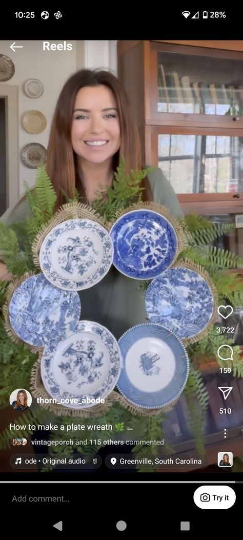 Plate Wreath Diy, Plate Wreaths, Blue Willow Decor, Dollar Tree Plates, Plate Wreath, Repurpose Projects, Teacup Crafts, Homemade Bows, J Smith