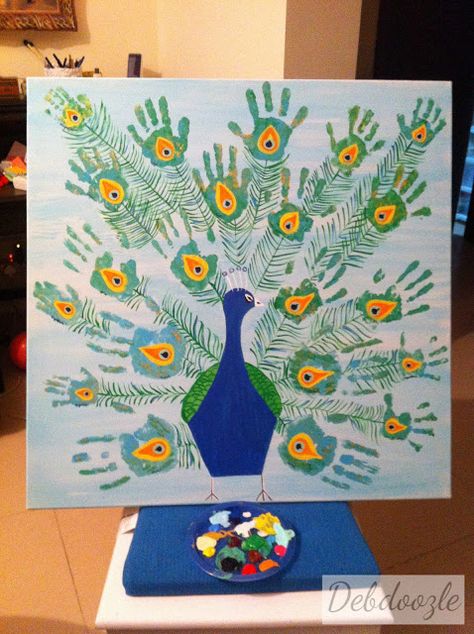 Family Hand Prints, Peacock Crafts, Fingerprint Art, Hand Prints, Peacock Painting, Preschool Arts And Crafts, Peacock Art, Preschool Art Activities, Tropical Bird