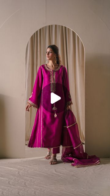 FARIDA HASAN on Instagram: "Summer Luxe '24 By Farida Hasan | SHOP NOW

A striking magenta silk shirt, embroidered with dull gold zari work on neckline sleeves, panels (front and back) and further enhanced with hand made tassles. Comes with pk silk pants. Can be paired with a gold lace organza dupatta.

Available Online at www.faridahasan.com

#FaridaHasan #Summerluxe #FHsignature #luxurypret #readytowear #designerwear" Farida Hasan, Casual Bridal Dress, Bridal Dress Fashion, Zari Work, Organza Dupatta, Gold Lace, Silk Pants, Instagram Summer, Bridal Dress