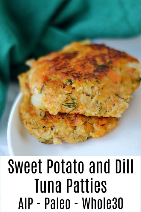 Sweet Potato and Dill Tuna Patties (AIP/Paleo/Whole30) * Lichen Paleo, Loving AIP Egg Free Tuna Patties, Tuna And Sweet Potato Patties, Aip Tuna Patties, Sweet Potato Tuna Patties, Paleo Tuna Recipe, Quick Gut Healthy Meals, Aip Avocado Recipes, Aip Tuna Recipes, Summer Aip Recipes