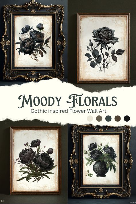 Gothic Victorian Wall Decor, Gothic Moody Bedroom, Goth Prints For Wall, Gothic Floral Art, Black And White Aesthetic Wall Art, Witchy Wall Art Diy, Goth Aesthetic Home Decor, Gothic Picture Wall, Diy Dark Decor