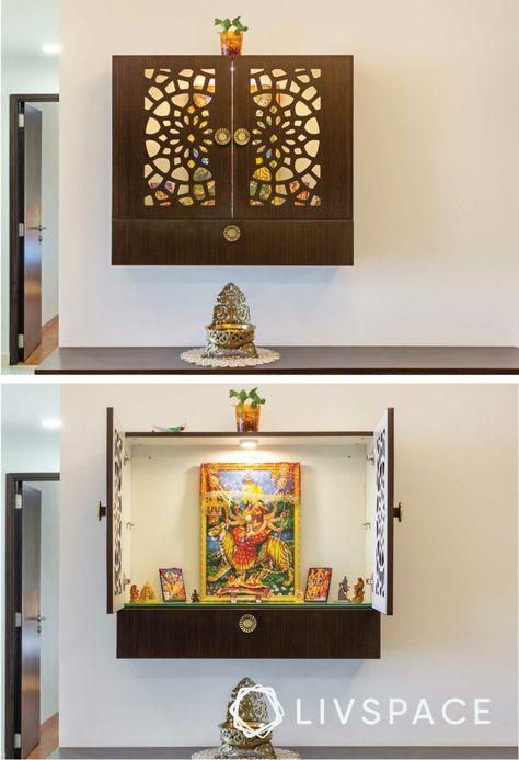 Livspace Designers Answer All Your Questions on Setting Up a Mandir at Home Wall Mandir Ideas For Home, New Mandir Design, Shelves Bedroom Wall, Small Temple Design For Home, Modern Wall Shelving, Mandir At Home, Small Pooja Room Ideas, Small Pooja Unit, Pooja Cupboard