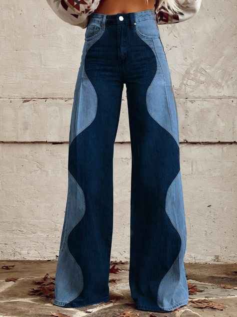 Women's Wavy Denim Pattern Print Casual Wide Leg Pants Cool Pants Outfit, Upcycle Pants, Nike Shoes Women Fashion, Jeans Ideas, Pattern Pants, Denim Pattern, Diy Jeans, Casual Wide Leg Pants, Denim Patterns