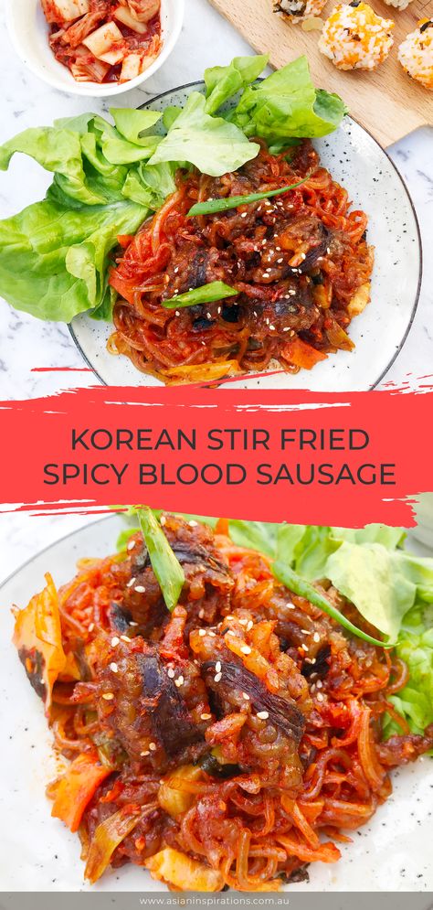 This Korean Stir Fried Spicy Blood Sausage is a quick easy to cook, using Korean sausage, noodles and vegetables. Try it now! Brought to you by Asian Inspirations. #koreancuisine #koreanrecipe #recipe #korean #asianrecipe #asianinspirations #spicy #spicybloodsausage #bloodsausage #stirfry #koreandish #dinnerideas #noodles #easyrecipe #lunchideas #koreansausage Korean Sausage Stir Fry, Korean Sausage Recipe, Asian Sausage, Spicy Korean Radish, Korean Sausage, Sausage Noodles, Spicy Korean Beef, Sujuk-sausage Recipe, Korean Stir Fry