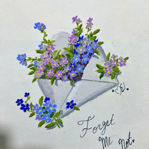 Forget me not purple and blue flowers inside an envelope oilpastel drawing Written Gift Ideas, Forget Me Not Quotes, Forget Me Not Flowers Painting, Forget Me Not Flowers Drawing, Forget Me Not Drawing, Forget Me Not Art, Draw Everyday, Forget Me Nots Flowers, Aesthetic Sunrise