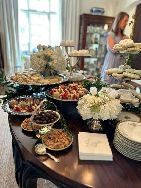 Charcuterie on silver trays. A mix of modern and tradition at Bridal Shower for a sweet Southern Bride. Chicken salad sandwiches, Cheese Straws, and petit fours with a modern twist Bridal Shower Serving Table, Southern Bridal Shower Food, Classic Bridal Shower Ideas, Southern Bridal Shower Ideas, Tablescape Dining Room, Charleston Vibes, Classy Bridal Shower Ideas, Tamale Party, Buffet Setup