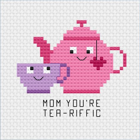 Mini Cross Stitch Animals, Cross Stitch Tea Cup, Cute Small Cross Stitch Patterns Free, Cross Stitch Mothers Day, Tiny Cross Stitch Patterns, Mothers Day Theme, Tea Cross Stitch Pattern, Cross Stitch Disney, Tea Cross Stitch