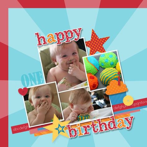 From stamp with heather First Birthday Scrapbook Layouts, 1st Birthday Scrapbook Ideas, 1st Birthday Scrapbook Layouts, Photo Layering, Birthday Layout, Birthday Scrapbook Layouts, Colorful Scrapbook, Birthday Scrapbook Pages, Baby Scrapbook Pages